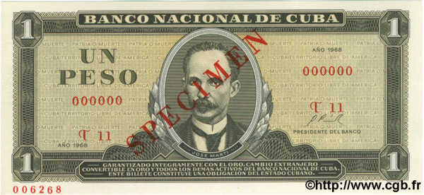 1 Peso Spécimen CUBA  1968 P.102as NEUF