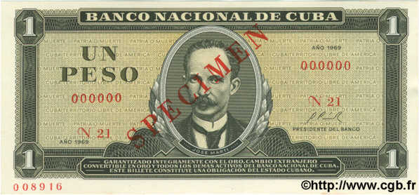 1 Peso Spécimen CUBA  1969 P.102as NEUF
