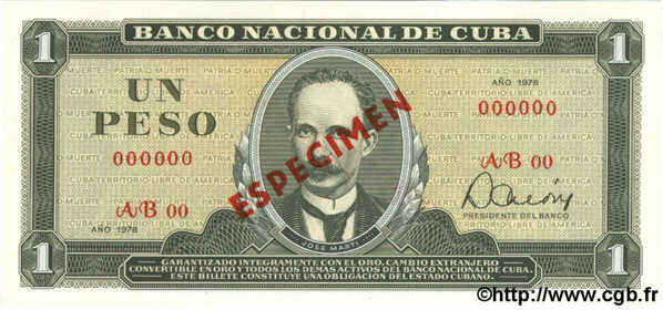 1 Peso Spécimen CUBA  1978 P.102b UNC