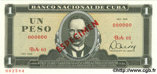 1 Peso Spécimen CUBA  1979 P.102b UNC