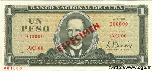 1 Peso Spécimen KUBA  1981 P.102b ST