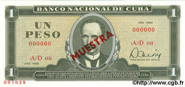 1 Peso Spécimen CUBA  1985 P.102b NEUF