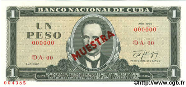 1 Peso Spécimen CUBA  1986 P.102c NEUF
