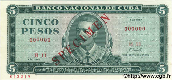 5 Pesos Spécimen CUBA  1967 P.103as NEUF