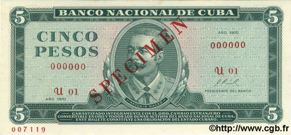 5 Pesos Spécimen CUBA  1970 P.103bs UNC-