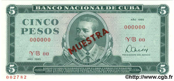 5 Pesos Spécimen CUBA  1985 P.103c FDC