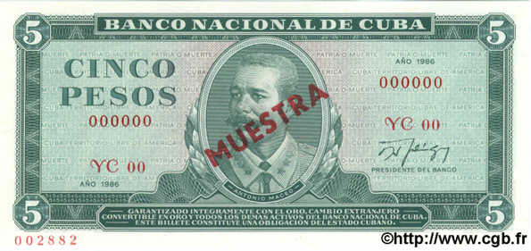 5 Pesos Spécimen CUBA  1986 P.103c NEUF