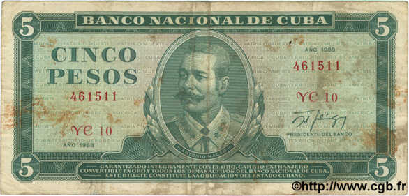 5 Pesos CUBA  1988 P.103d pr.TB
