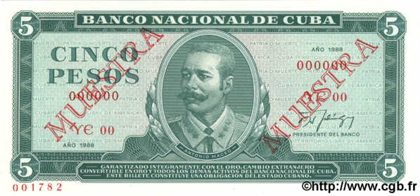 5 Pesos Spécimen CUBA  1988 P.103d FDC