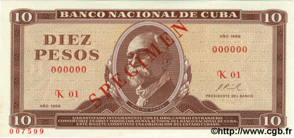 10 Pesos Spécimen CUBA  1968 P.104as SC+