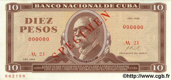 10 Pesos Spécimen CUBA  1969 P.104as NEUF