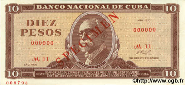 10 Pesos Spécimen CUBA  1970 P.104as q.FDC
