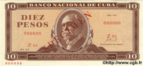 10 Pesos Spécimen CUBA  1971 P.104as FDC