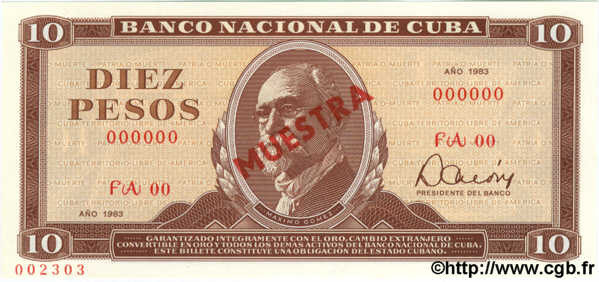 10 Pesos Spécimen CUBA  1983 P.104c NEUF