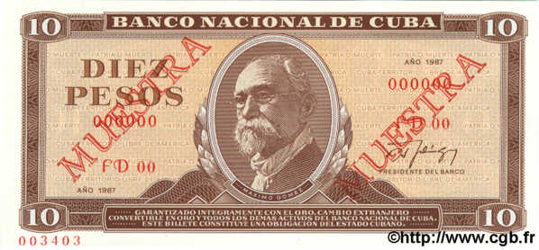 10 Pesos Spécimen CUBA  1987 P.104c UNC