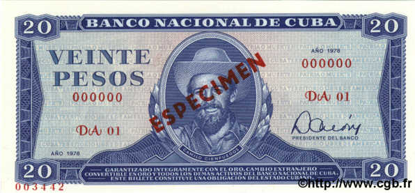 20 Pesos Spécimen CUBA  1978 P.105b NEUF