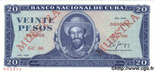 20 Pesos Spécimen CUBA  1988 P.105d NEUF