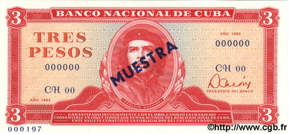 3 Pesos Spécimen CUBA  1983 P.107a NEUF