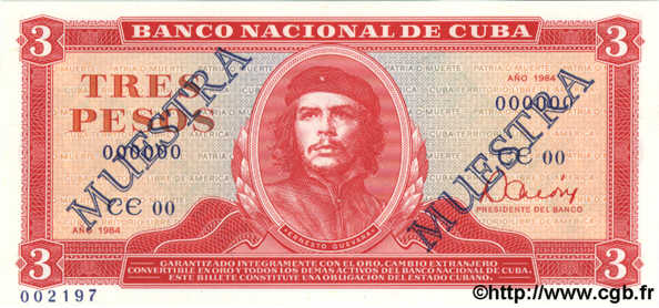 3 Pesos Spécimen CUBA  1984 P.107a NEUF