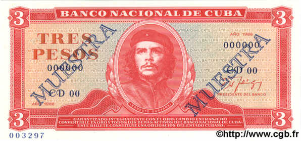 3 Pesos Spécimen CUBA  1988 P.107b NEUF