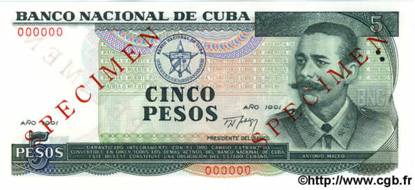 5 Pesos Spécimen CUBA  1991 P.108s NEUF
