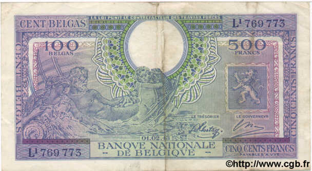 500 Francs - 100 Belgas BELGIQUE  1943 P.124 TB+