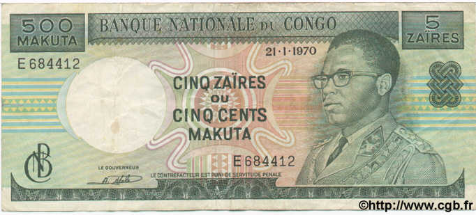 5 Zaïres ou 500 Makuta CONGO (RÉPUBLIQUE)  1970 P.013b TB à TTB