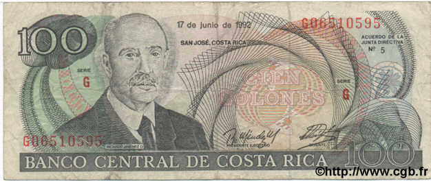100 Colones COSTA RICA  1992 P.258 TB