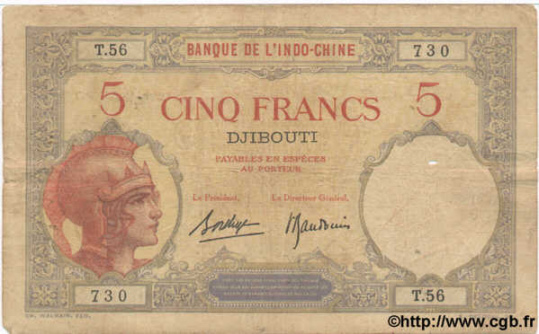 5 Francs DJIBOUTI  1928 P.06b TB+