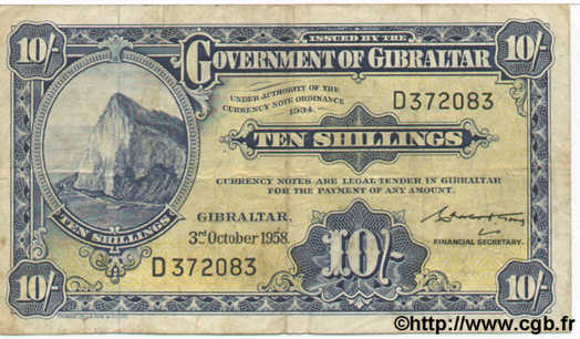 10 Shillings  GIBRALTAR  1958 P.14b TB+