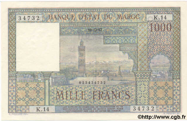 1000 Francs MAROC  1952 P.47 pr.SPL