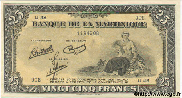 25 Francs MARTINIQUE  1943 P.17 NEUF