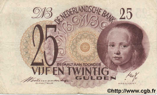 25 Gulden NETHERLANDS  1945 P.077 F+