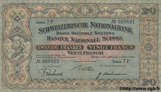 20 Francs SUISSE  1923 P.33a pr.TTB
