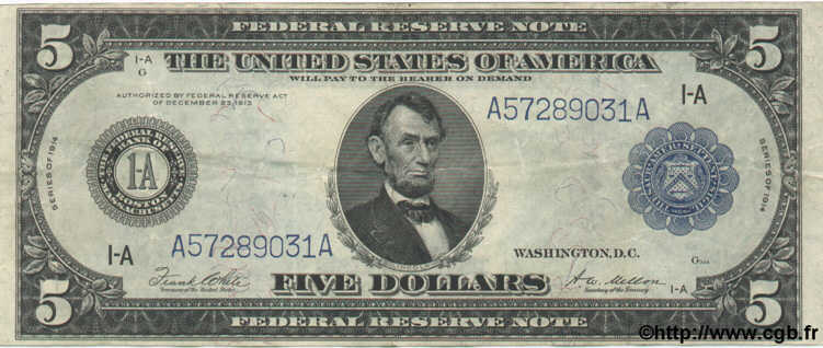 5 Dollars ÉTATS-UNIS D AMÉRIQUE  1914 P.359b TTB+