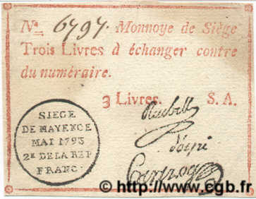 3 Livres FRANCE régionalisme et divers Mayence 1793 Laf.248 TTB+
