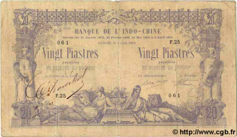 20 Piastres - 20 Piastres INDOCHINE FRANÇAISE Saïgon 1905 P.036 pr.TTB