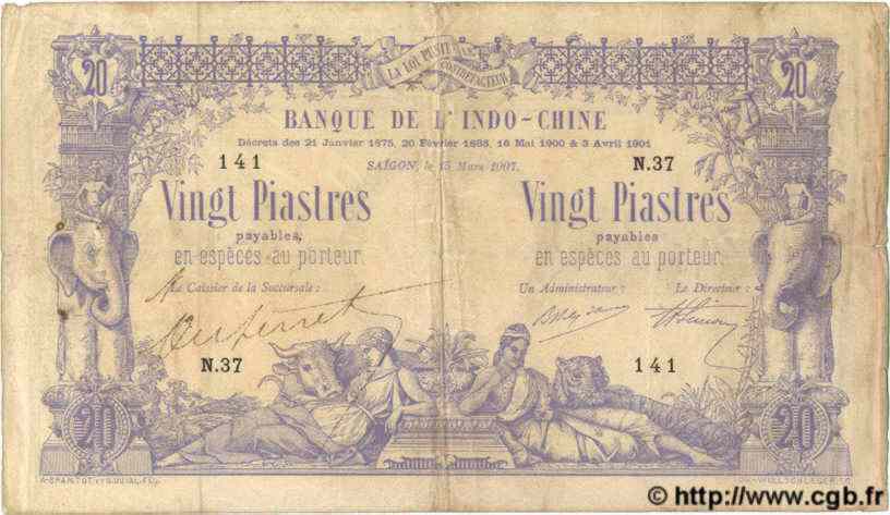 20 Piastres - 20 Piastres INDOCHINE FRANÇAISE Saïgon 1907 P.036 pr.TTB