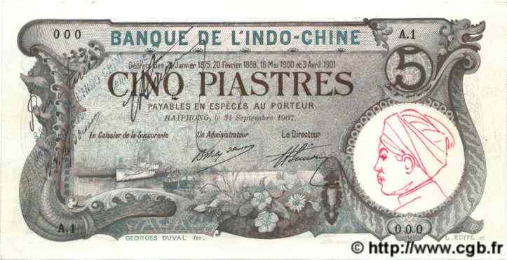 5 Piastres Essai FRENCH INDOCHINA Haïphong 1915 P.016a AU