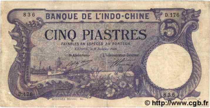 5 Piastres INDOCHINE FRANÇAISE Saïgon 1920 P.040 TB+