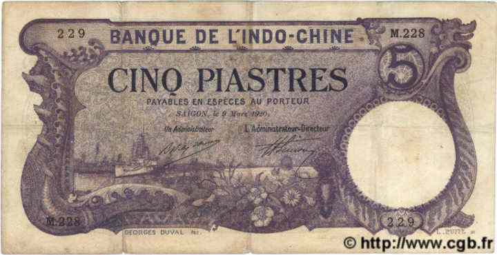 5 Piastres INDOCHINE FRANÇAISE Saïgon 1920 P.040 pr.TTB