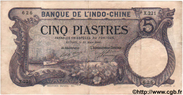 5 Piastres  INDOCHINE FRANÇAISE Saïgon 1920 P.040 TTB