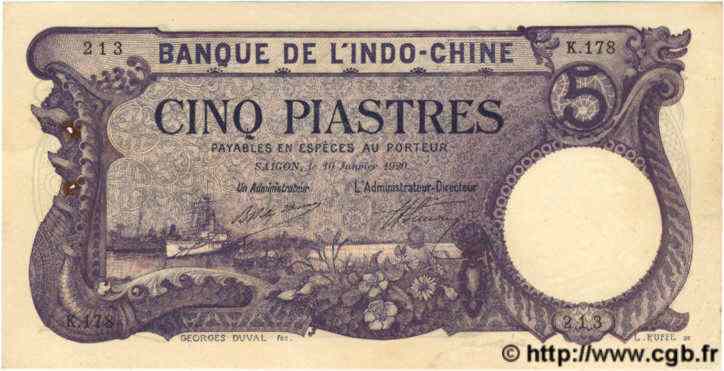 5 Piastres INDOCHINE FRANÇAISE Saïgon 1920 P.040 SUP+