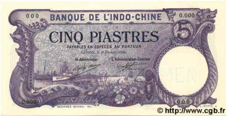 5 Piastres Spécimen FRENCH INDOCHINA Saïgon 1920 P.040s UNC