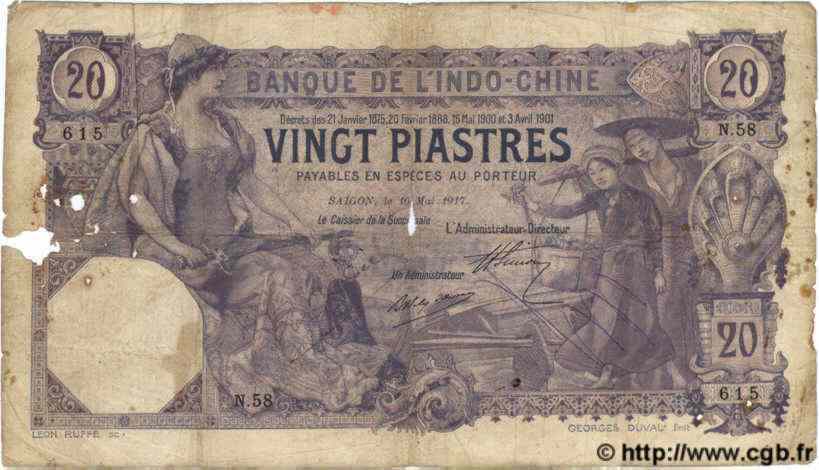 20 Piastres INDOCHINE FRANÇAISE Saïgon 1913 P.038b B