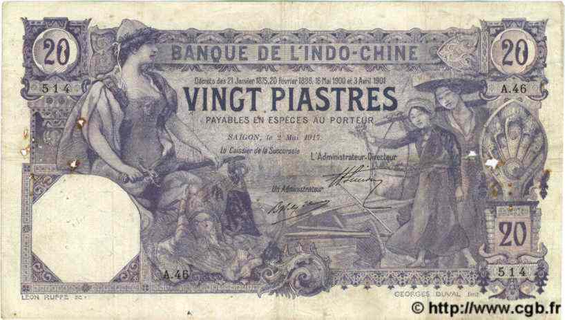 20 Piastres INDOCHINE FRANÇAISE Saïgon 1913 P.038b TB