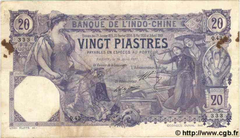 20 Piastres FRENCH INDOCHINA Saïgon 1913 P.038b VF