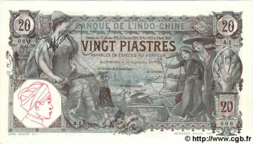 20 Piastres Essai INDOCINA FRANCESE Haïphong 1907 P.017a AU