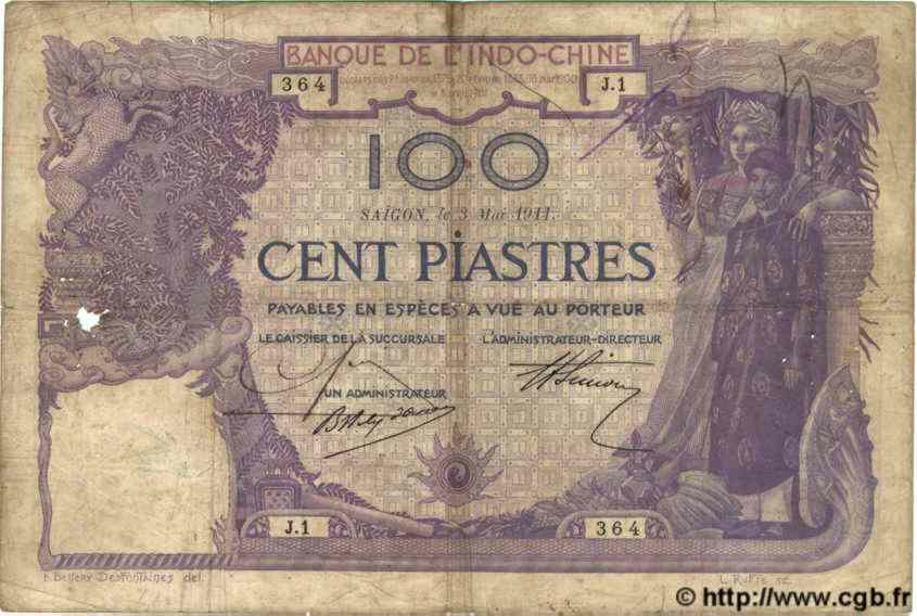 100 Piastres INDOCHINE FRANÇAISE Saïgon 1919 P.039 B+