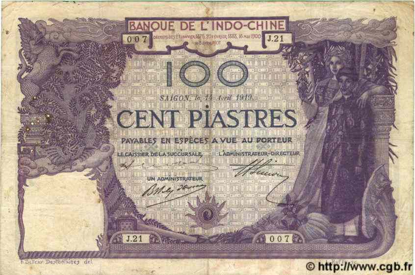 100 Piastres INDOCHINE FRANÇAISE Saïgon 1919 P.039 TB+